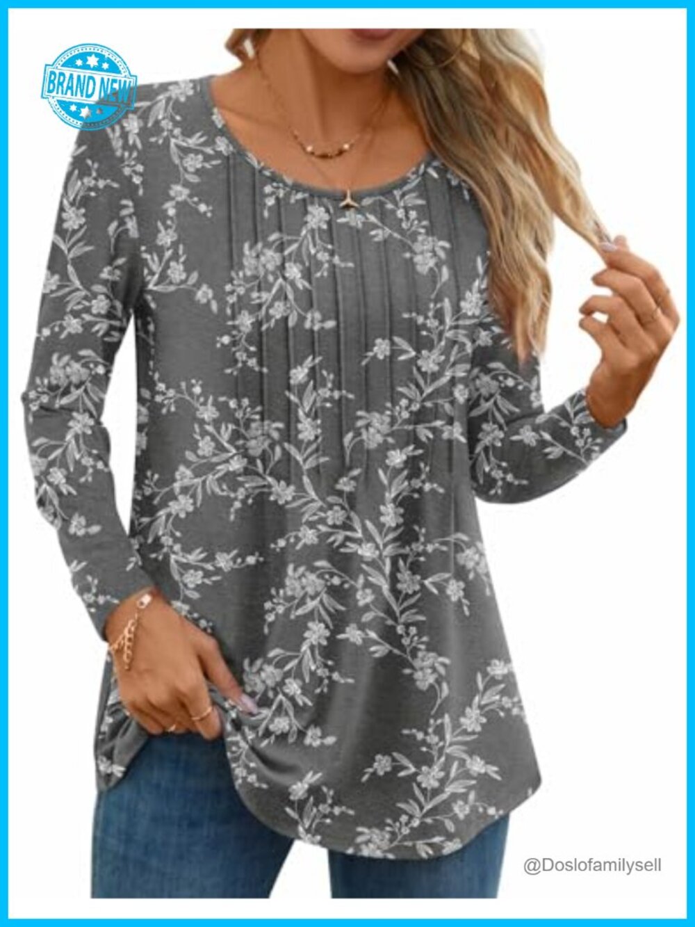 Women's Pleated Crew Neck Long Sleeve Tunic Blouse Polyester Rayon Spandex
